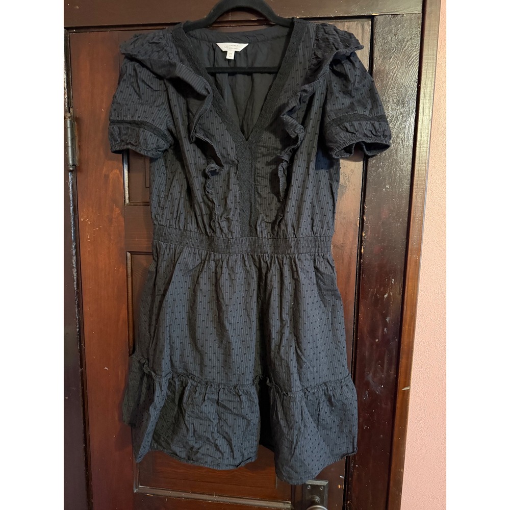 LC Lauren Conrad Black Swiss Dot Ruffle Mini Dress Cotton V-Neck Size M